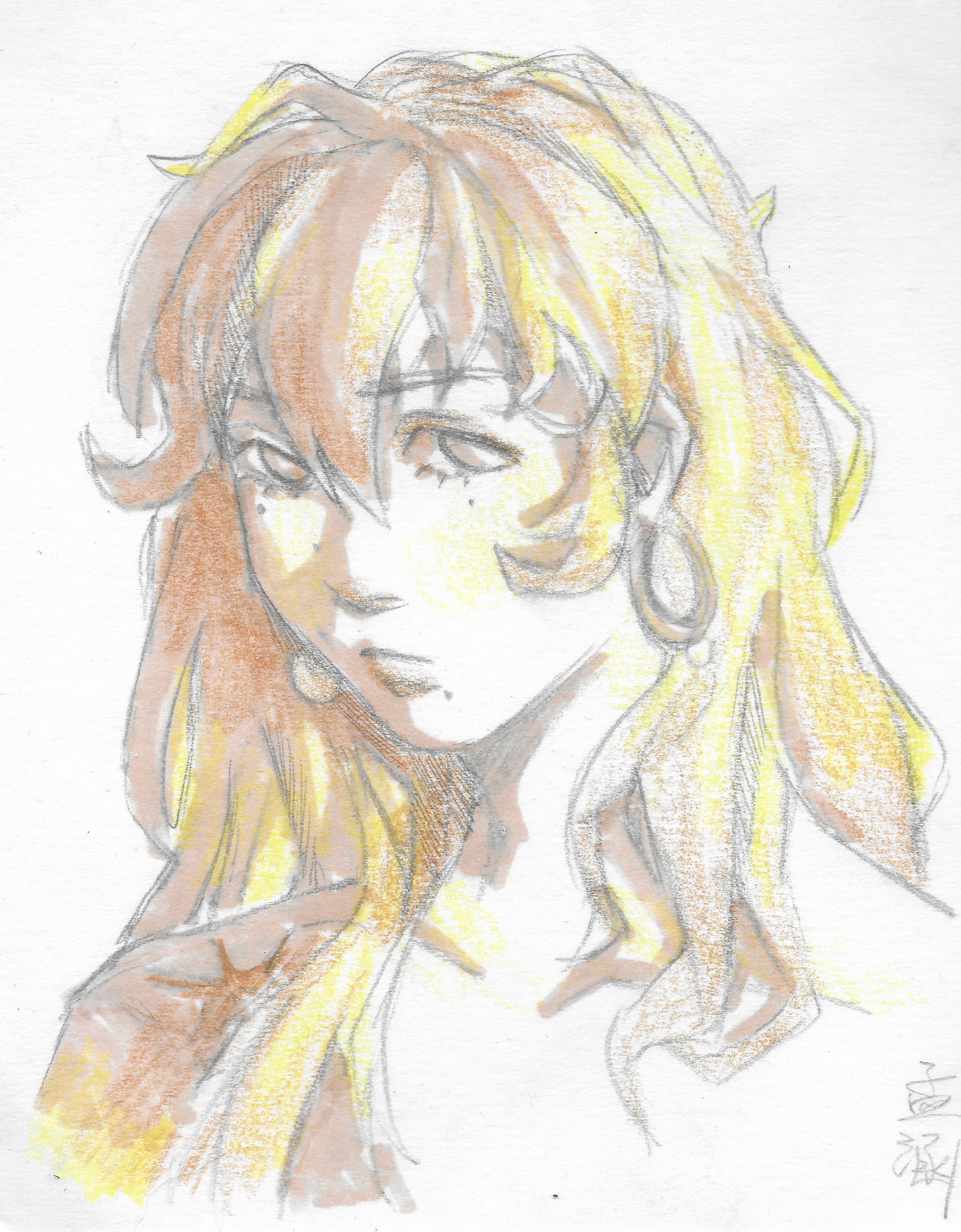 art of my OC Yukie in a traditional medium with a 3/4 view done in colored pencil and marker with an orange and yellow color scheme